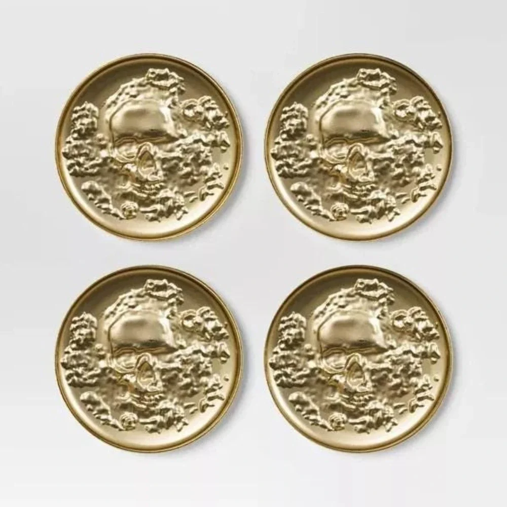 Threshold Gold‎ Skull Metal Coasters 4pk Embossed Round Gothic Halloween NEW